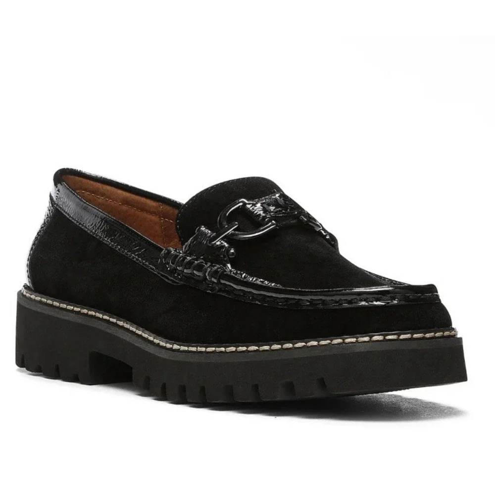Donald Pliner 10 M Helioc Black Suede Patent Loafers Bit Lug Platform Shoe New